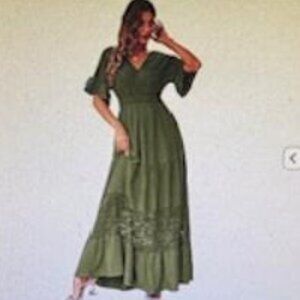 Simplee V Neck Formal Lace Maxi Dress Ruffle Flowy Short Sleeve Boho Green NWT S